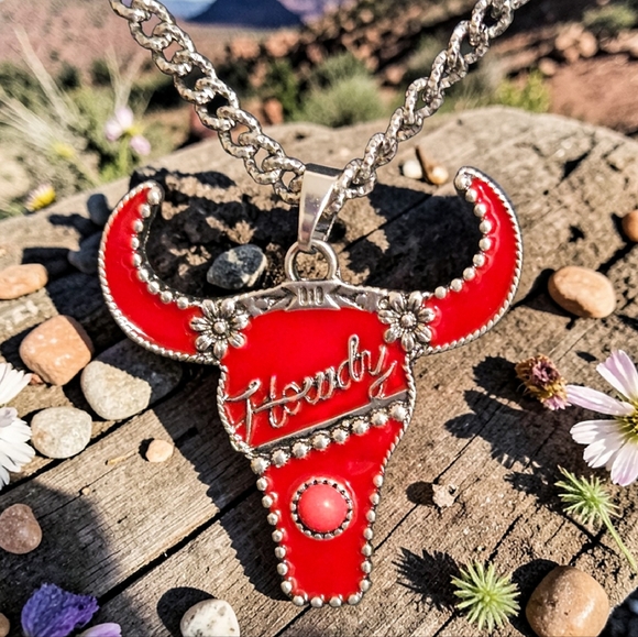 Jewelry - RED ENAMEL STEER HEAD HOWDY NECKLACE